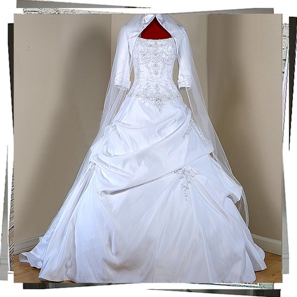 NWOT: Strapless White Satin Victorian Inspired Wedding Gown w/ Crystal & Beading - Picture 8 of 10